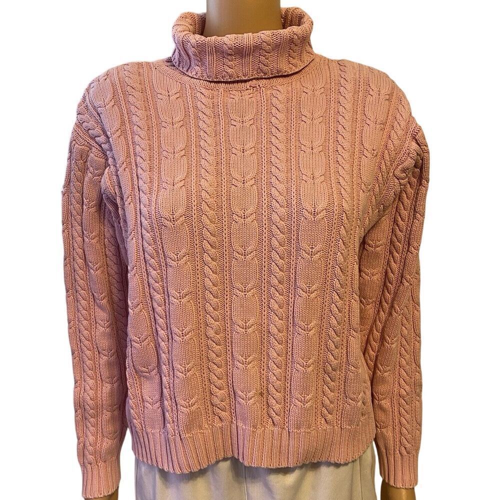 Vtg Talbots Women Size L Sweater Chunky Cable Knit Turtleneck Pink Long Sleeve